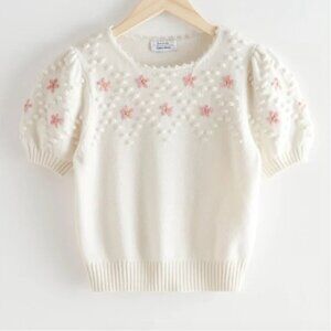 & Other Stories Puff Sleeve Flower Applique Knit Sweater